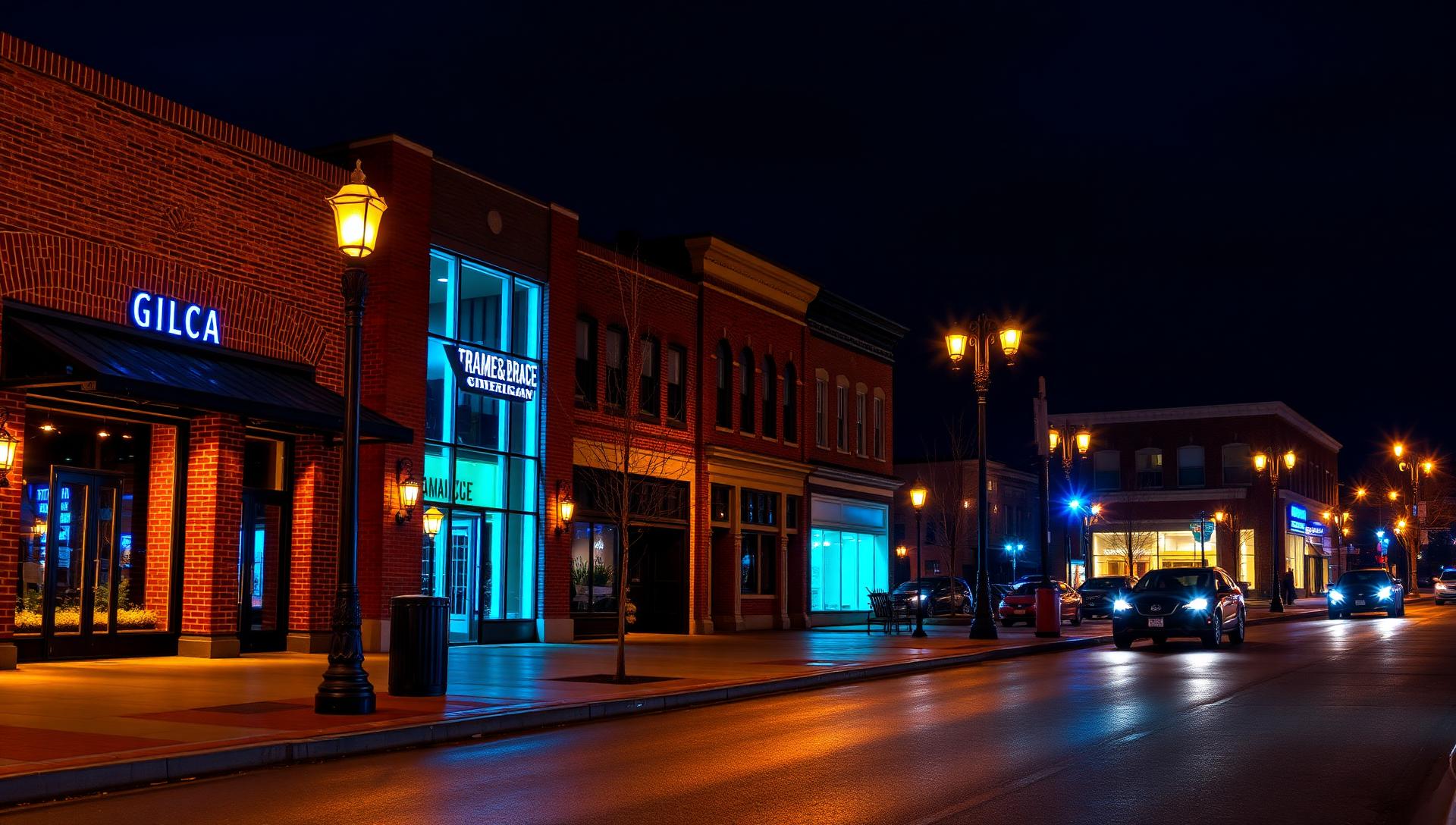 Cinematic nighttime atmosphere of Birmingham, Michigan — same-day smoke shop and vape delivery from Sterling Tobacco