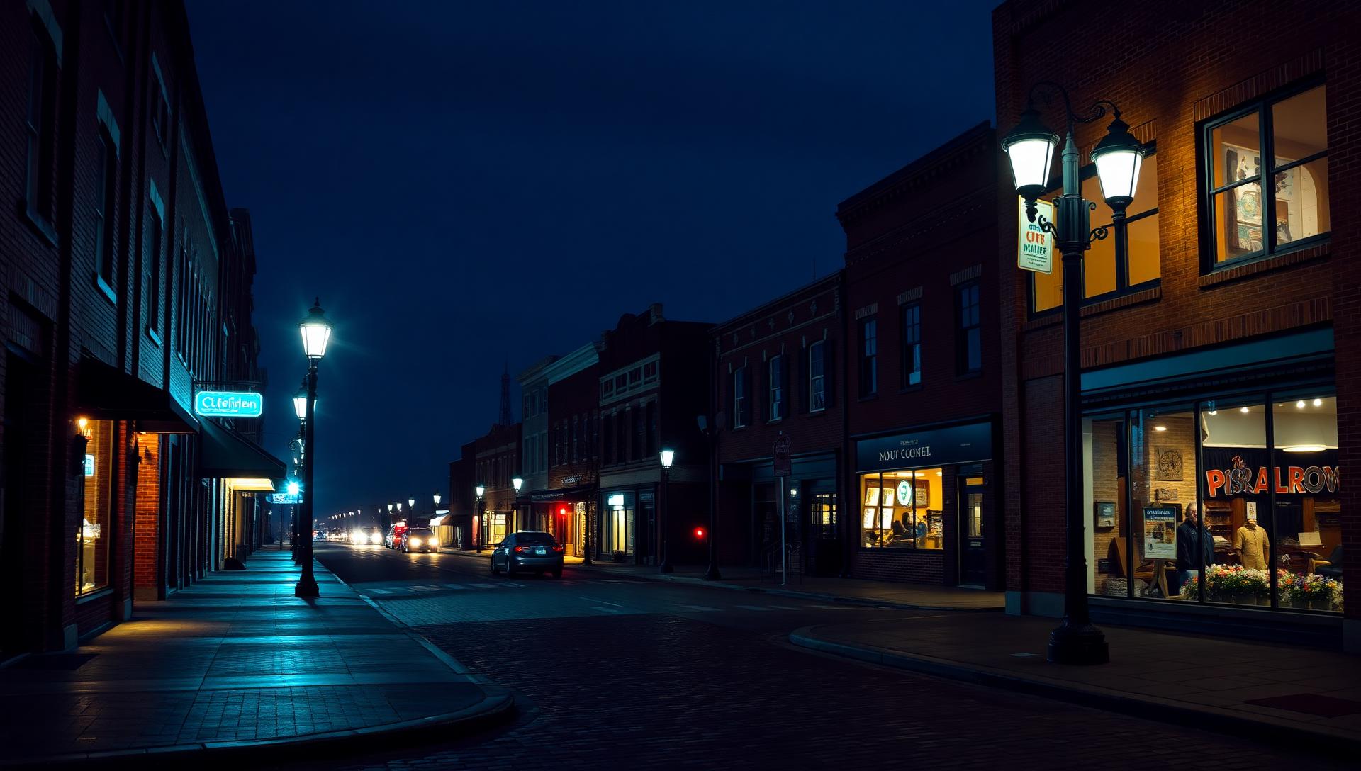 Cinematic nighttime atmosphere of Mount Clemens, Michigan — same-day smoke shop and vape delivery from Sterling Tobacco
