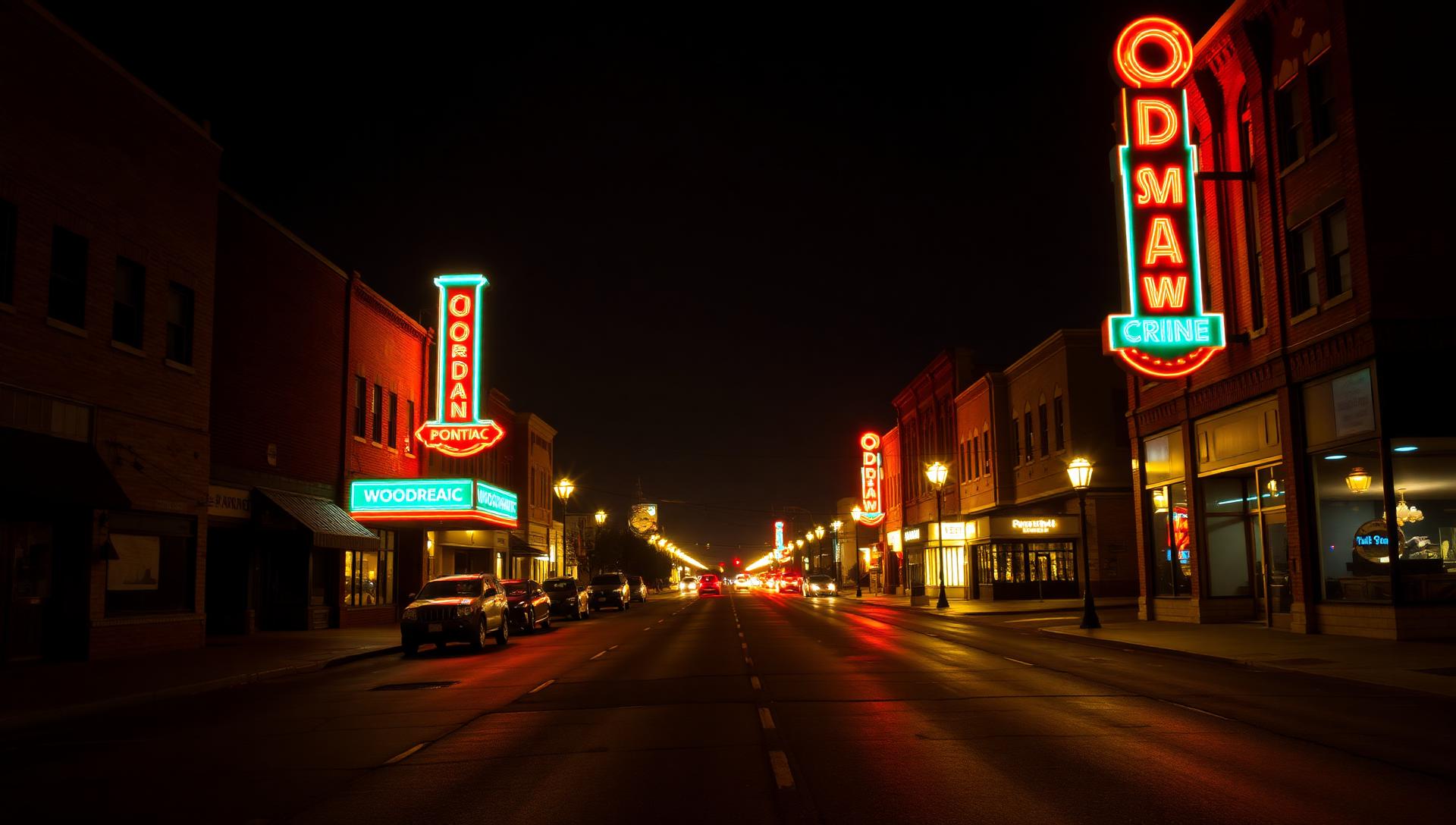 Cinematic nighttime atmosphere of Pontiac, Michigan — same-day smoke shop and vape delivery from Sterling Tobacco