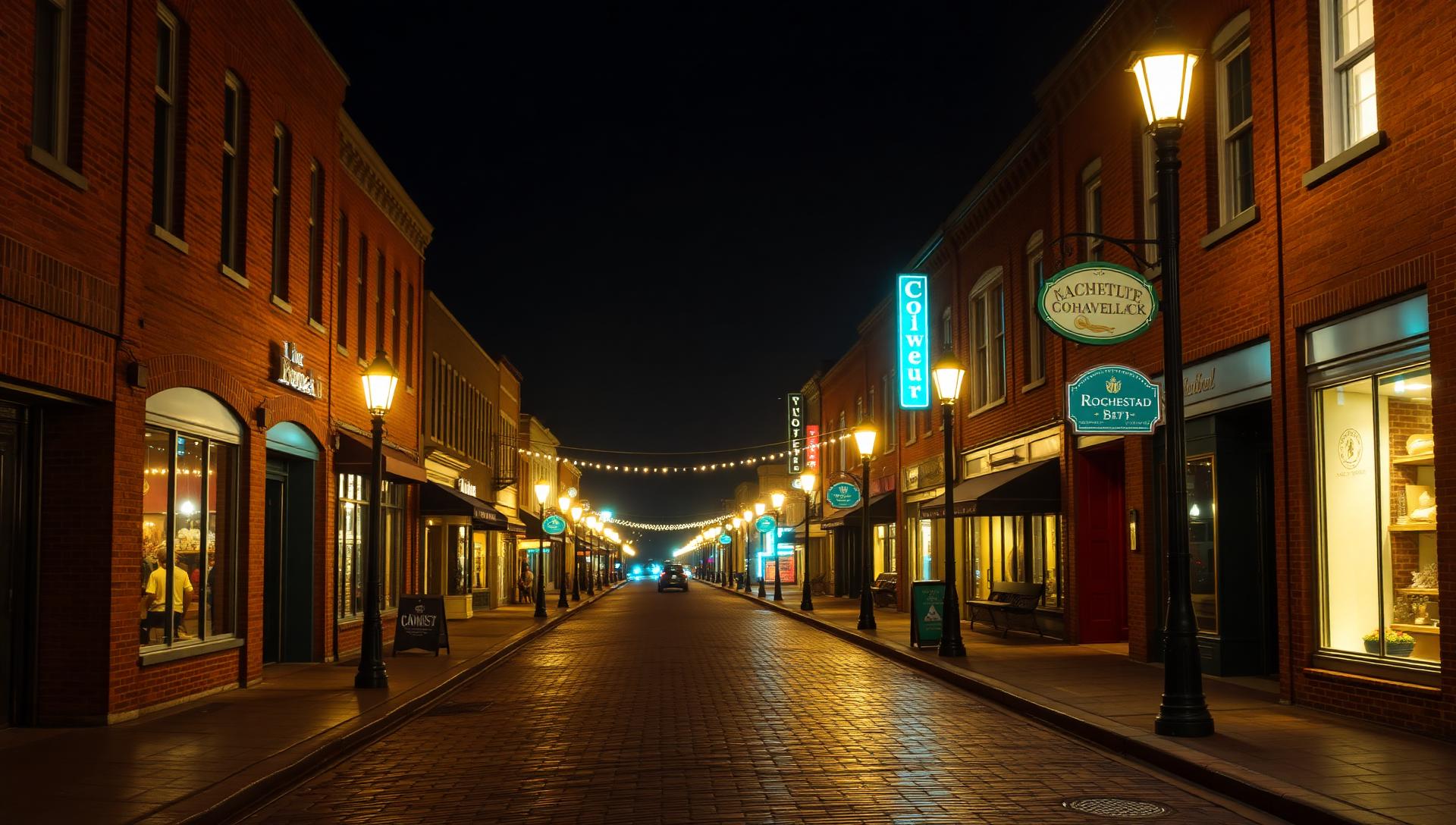 Cinematic nighttime atmosphere of Rochester, Michigan — same-day smoke shop and vape delivery from Sterling Tobacco