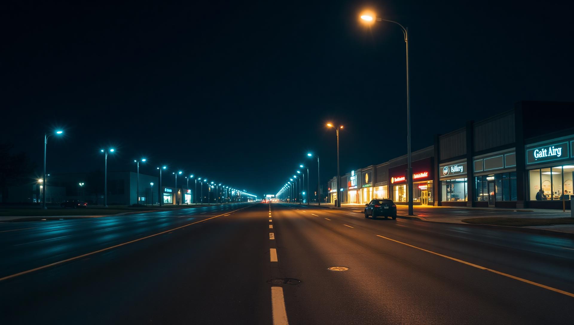 Cinematic nighttime atmosphere of Roseville, Michigan — same-day smoke shop and vape delivery from Sterling Tobacco