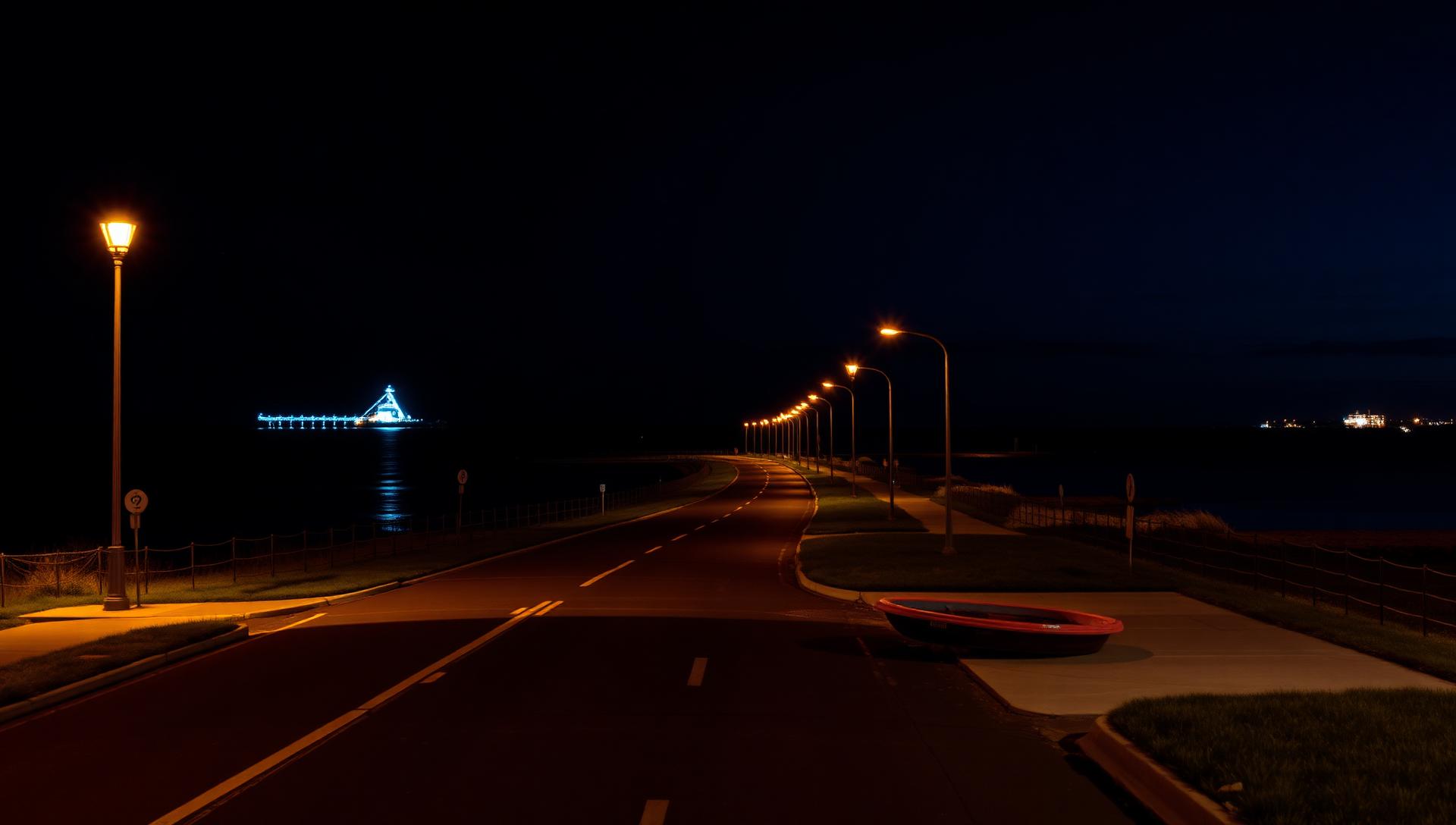 Cinematic nighttime atmosphere of St. Clair Shores, Michigan — same-day smoke shop and vape delivery from Sterling Tobacco